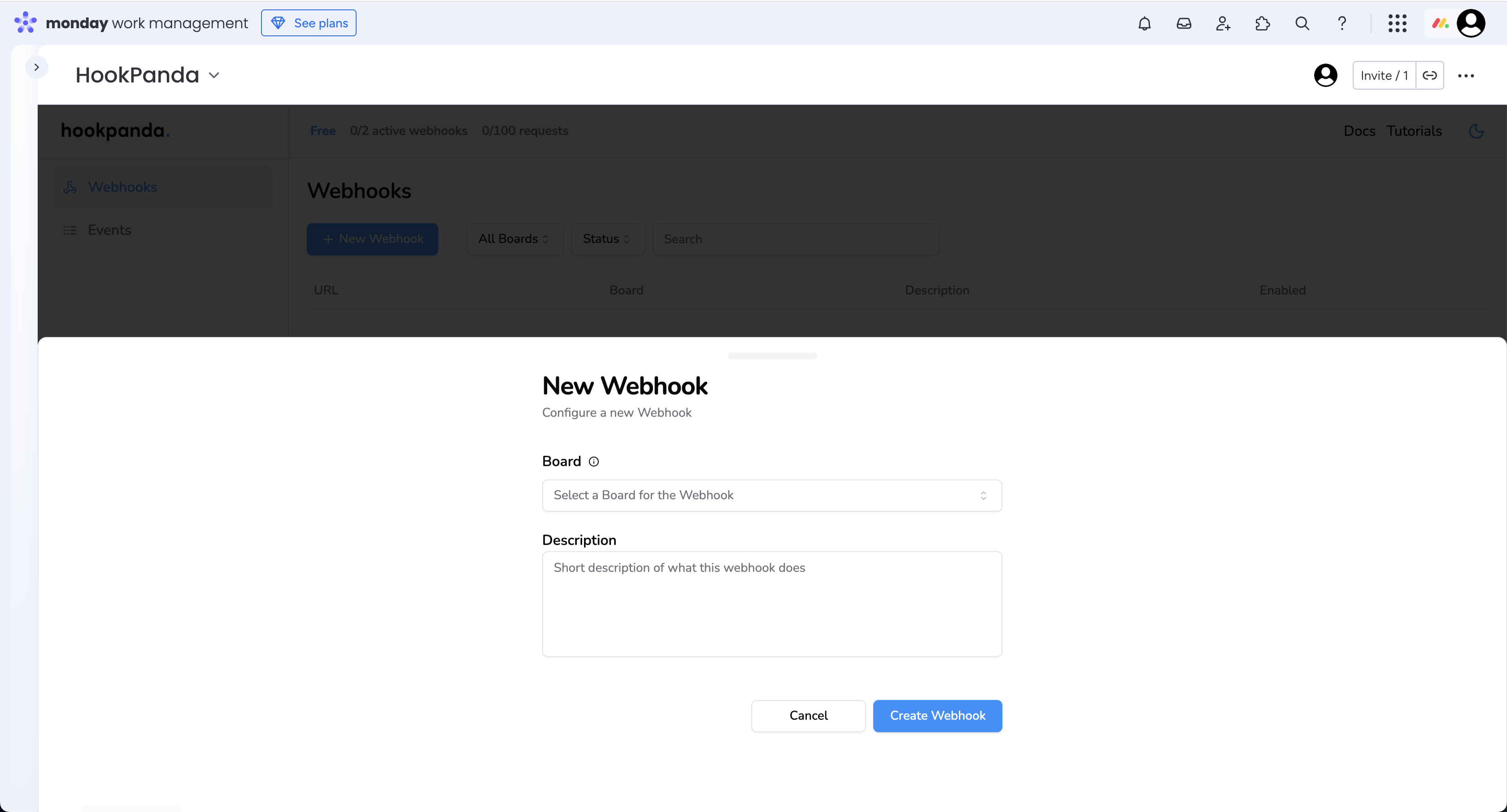 Create Webhook Drawer